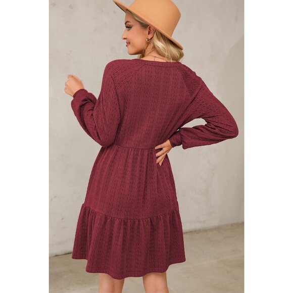 Women’s Fall V Neck Textured Ruffle A-Line Mini Dress Lightweight Casual - Picture 5 of 6